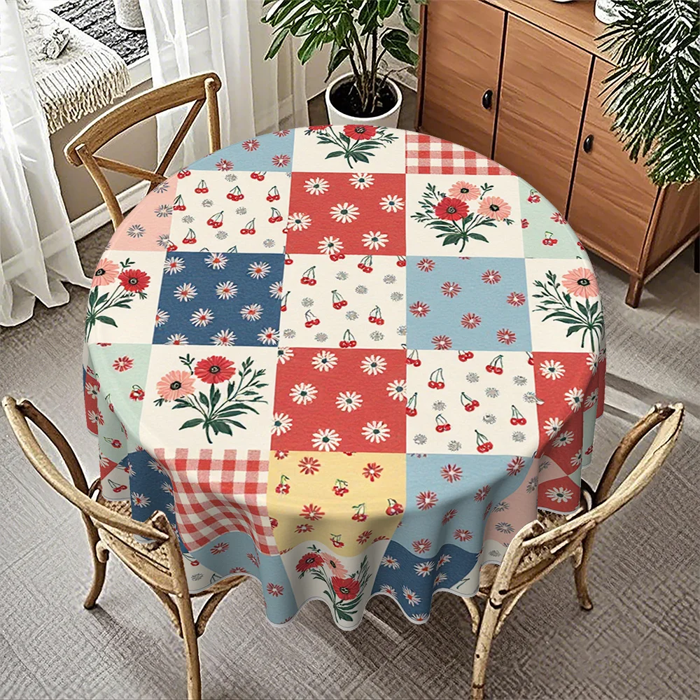 A round tablecloth featuring a blend of rural-style flowers and checks.