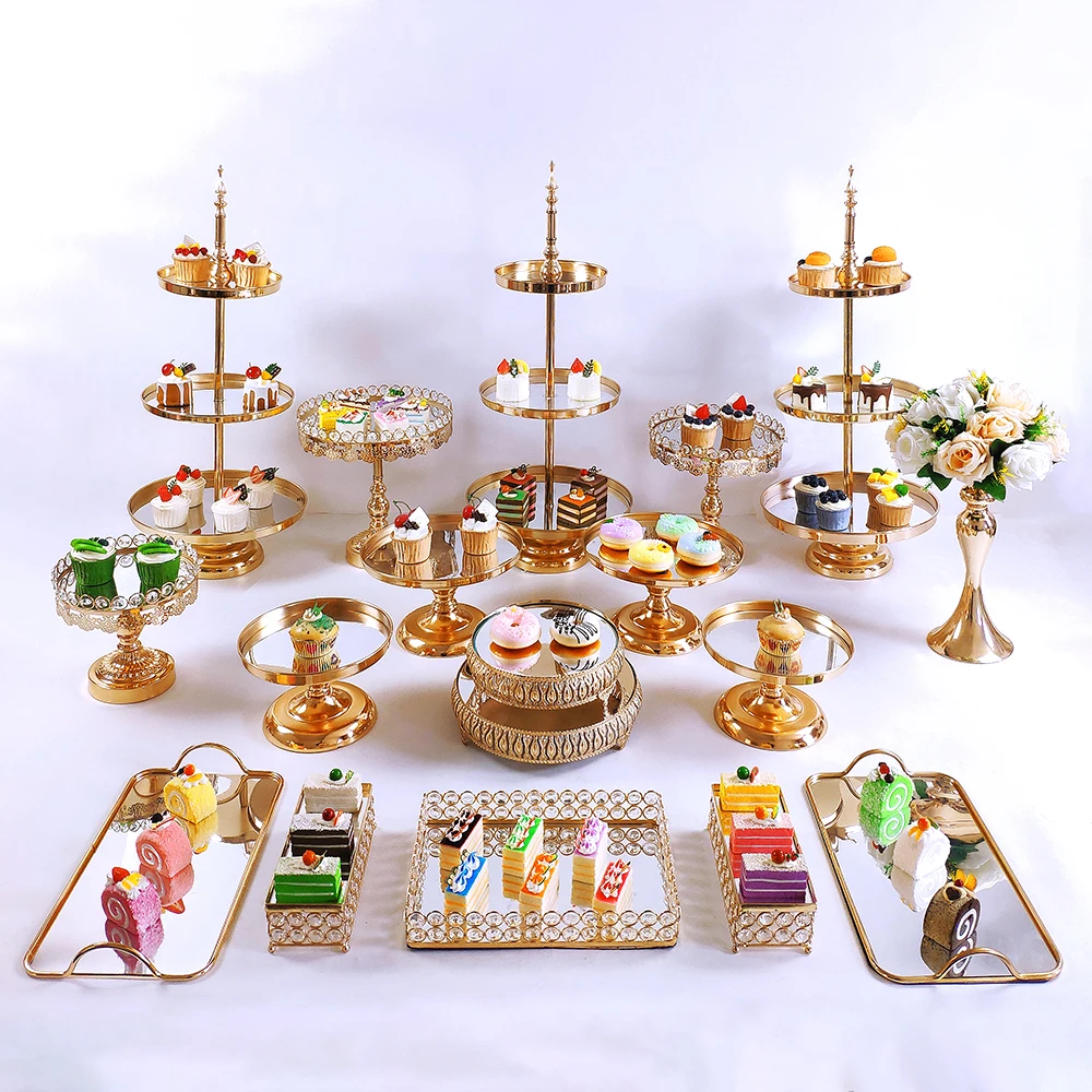 Gold Silver 6- 18pcs   Wedding Cake Stand Set Display Birthday Party Dessert Metal  Crystal Cupcake Plate Rack