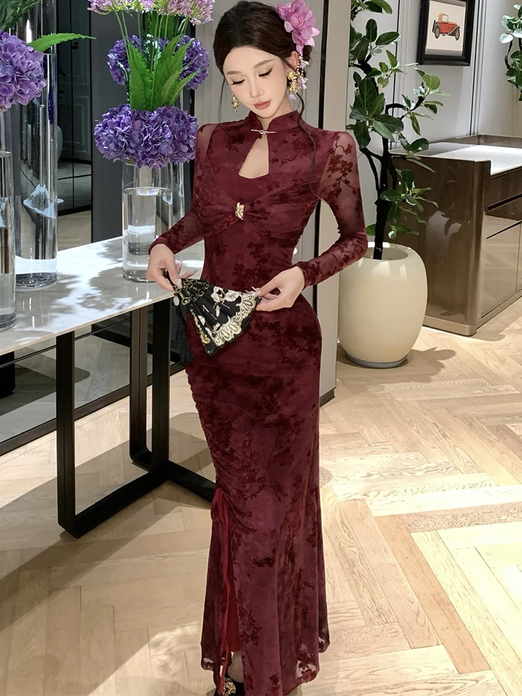 2025 purpld floral manga longa gola vestido longo feminino elegante chique arco fenda vestido outono inverno coreano bodycon vestido de baile