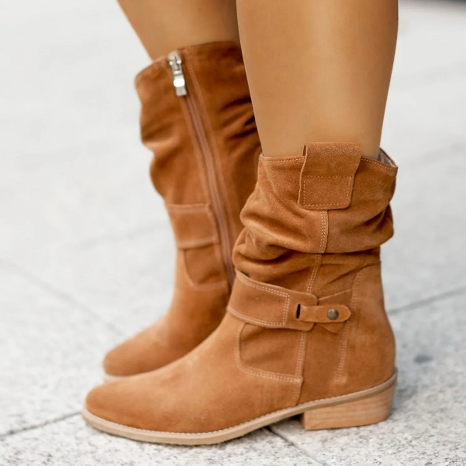 Women's boots for autumn and winter 2025  new comfortable low heel square heel suede pleated boots for women