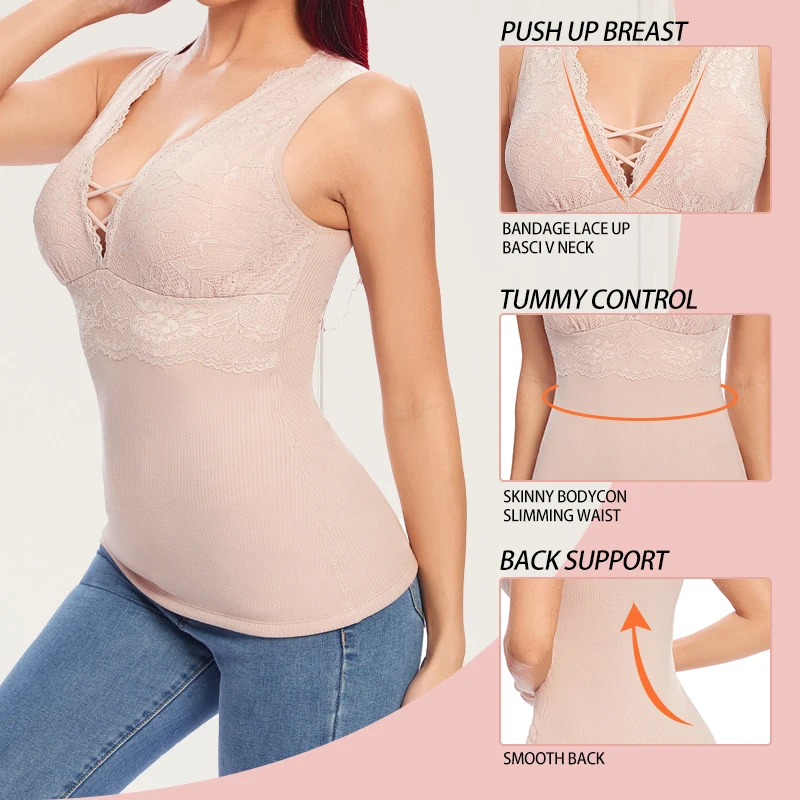 Thermal Fleece Top Women Tummy Control Shapewear Cami Tank Winter Clothes Warm Underwear Lace V Neck Vest Body Shaper Lingeries