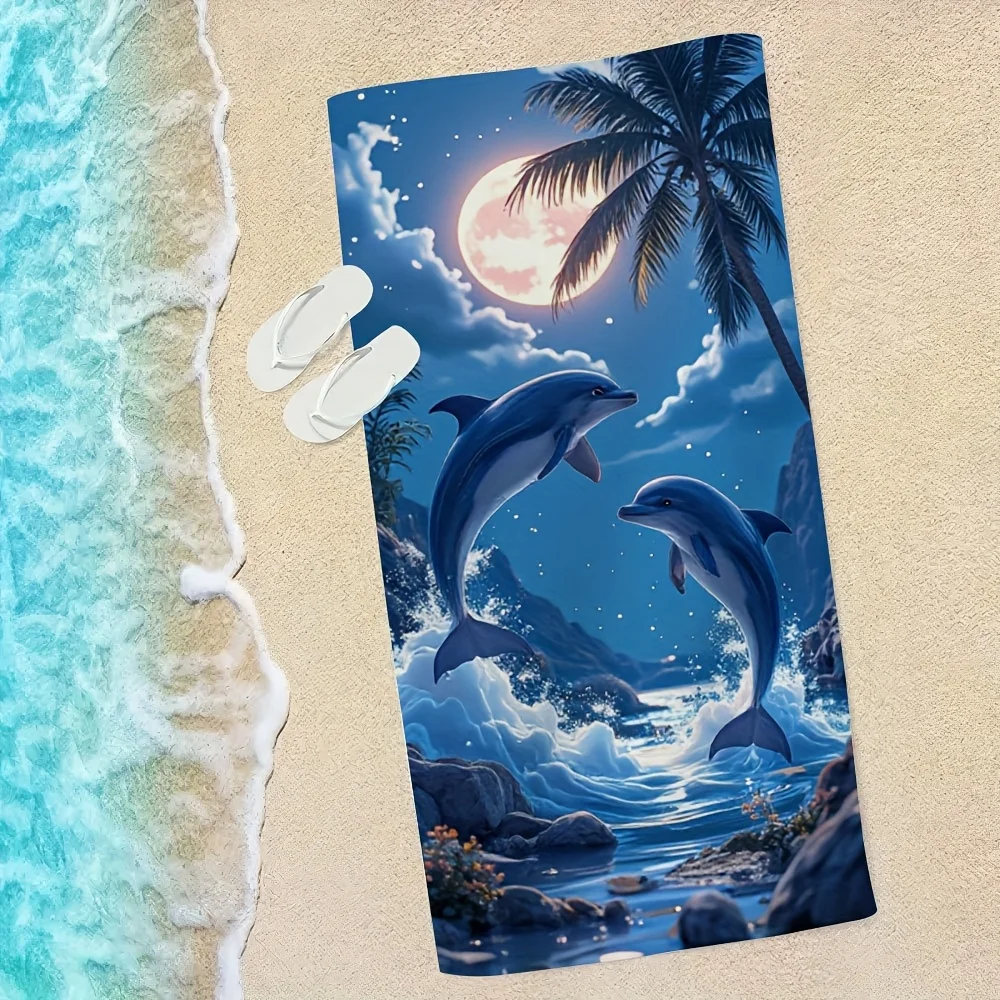 Roaming Dolphins Microfiber Bath Towel Quick-Dry Super Absorbent Soft Touch with Tropical Dolphin Palm Tree Design