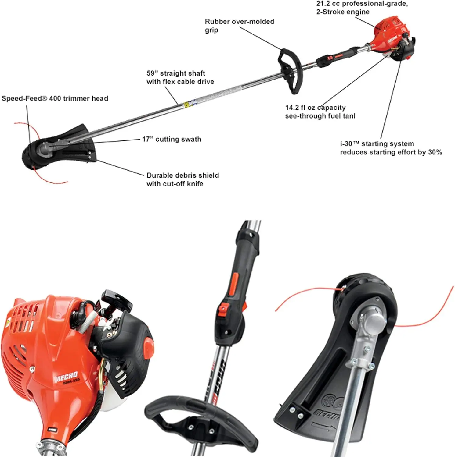 21.2CC, 17 In. Cut Width，Yard trimmer works with several attachments for a variety of jobs，Lawn trimmer has ergonomic