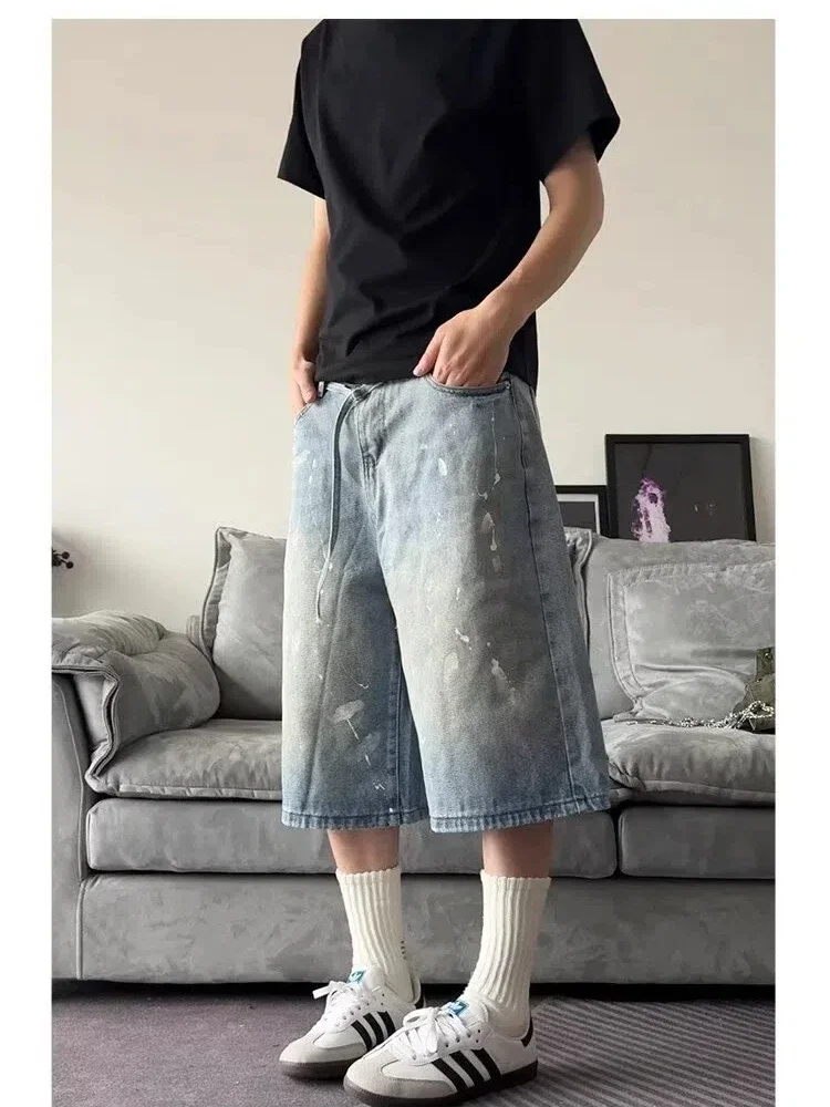 

Поп-летние синие джинсовые шорты в стиле ретро с чернилами, американский уличный свободный дизайн, укороченные брюки со стразами, оранжевая одежда, мужская одежда Y2k Clo