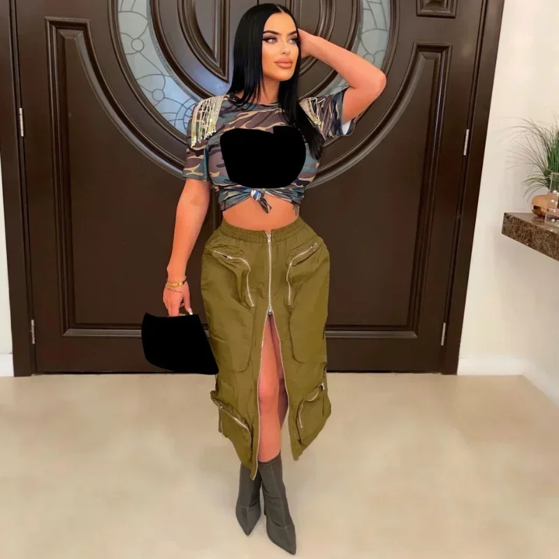 

GUWU Summer Pocket Side Ruched Up Slim Zipper Maxi Long Cargo Safari Style Skirt Women Fashion Streetwear New Green Skirts
