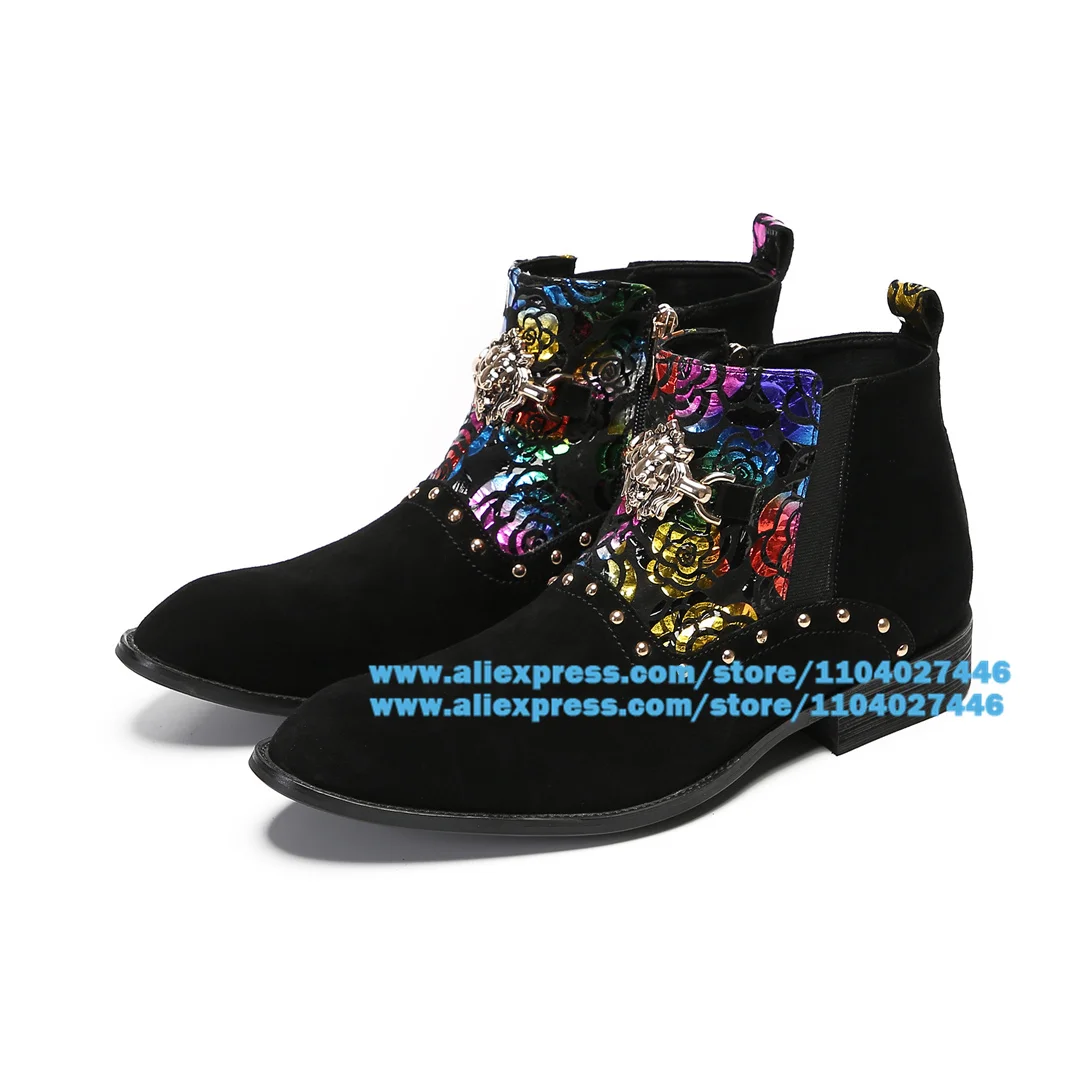 Multi-Colors Flower Boots for Men Side Zipper Black Suede High-Top Boots British Luxury Handmade Trendy Men Botas Males Shoes