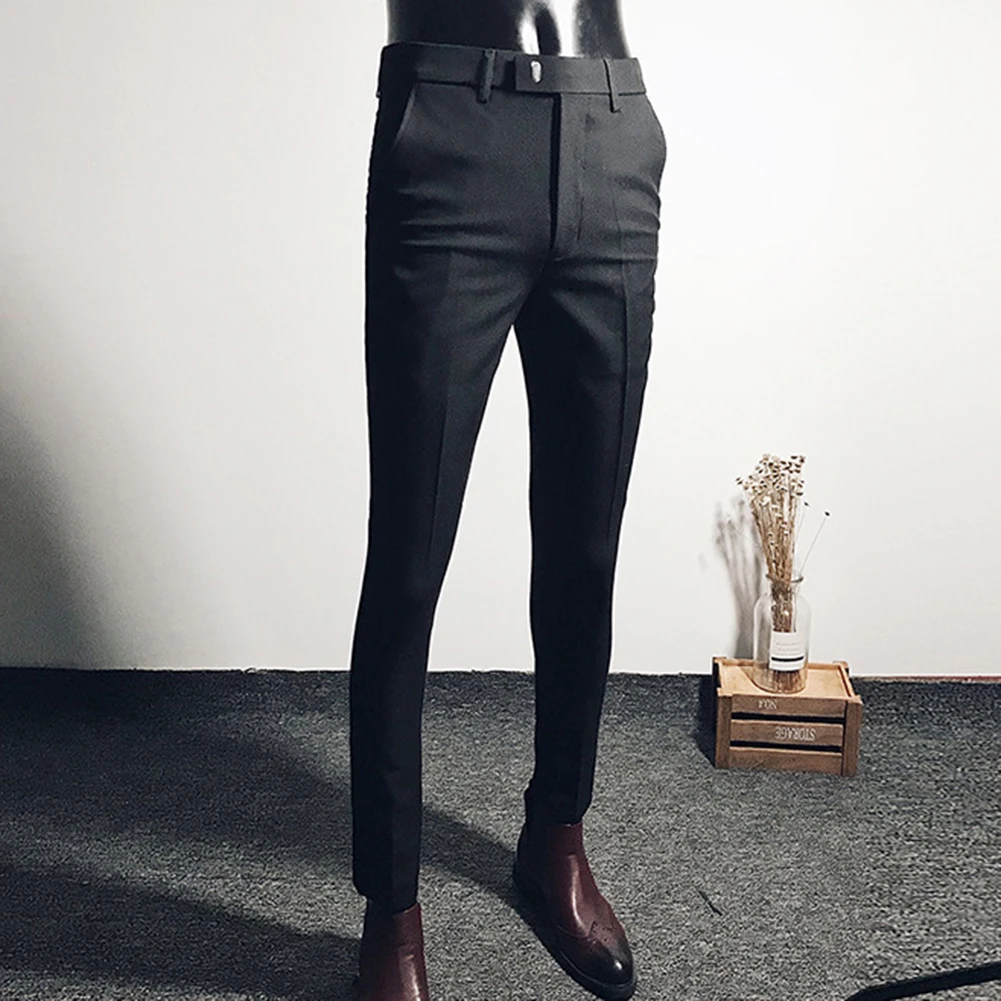 السراويل السراويل الرجال البوليستر S-4XL سليم بلون تمتد البدلة السراويل ارتداء 9 نقطة بنطلون الأعمال العلامة التجارية الجديدة