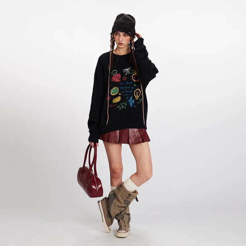 نمط جديد جولة الرقبة البلوز الكتابة على الجدران سترة ناعمة للنساء الخريف الشتاء فضفاضة كسول كلية نمط كم طويل محبوك أعلى #4