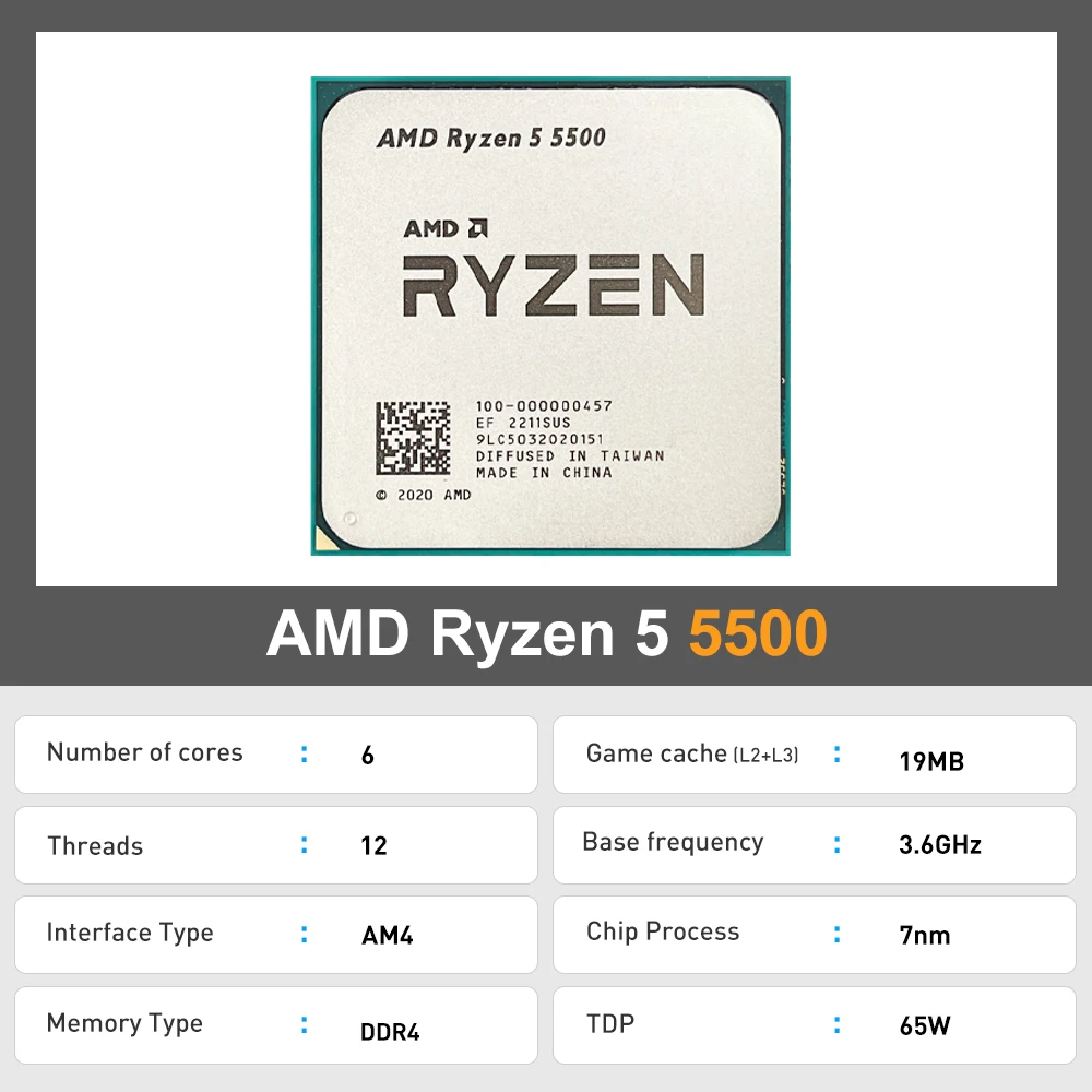 Processador para jogos AMD Ryzen 5, R5 5500, 3,6 GHz, Núcleo 6, CPU 12 Thread, 7NM, L3 = 16M, AMD AM4, Placa-mãe B550M, Novo