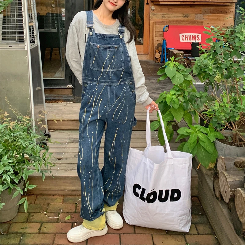 Vintage High Street Cargo Jean Jumpsuits Women Fashion Print Baggy Overalls Harajuke Loose High Waist Denim Trousers Female