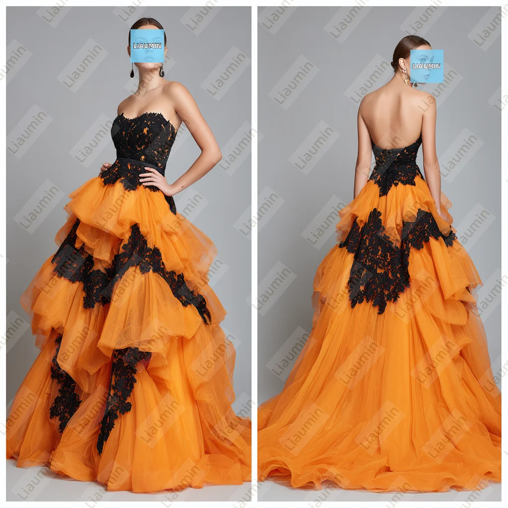 

Orange Tulle Strapless Black Lace Applique Long Length Prom Wedding Formal Dress For Evening Lace Up Back Customized A7-1.18