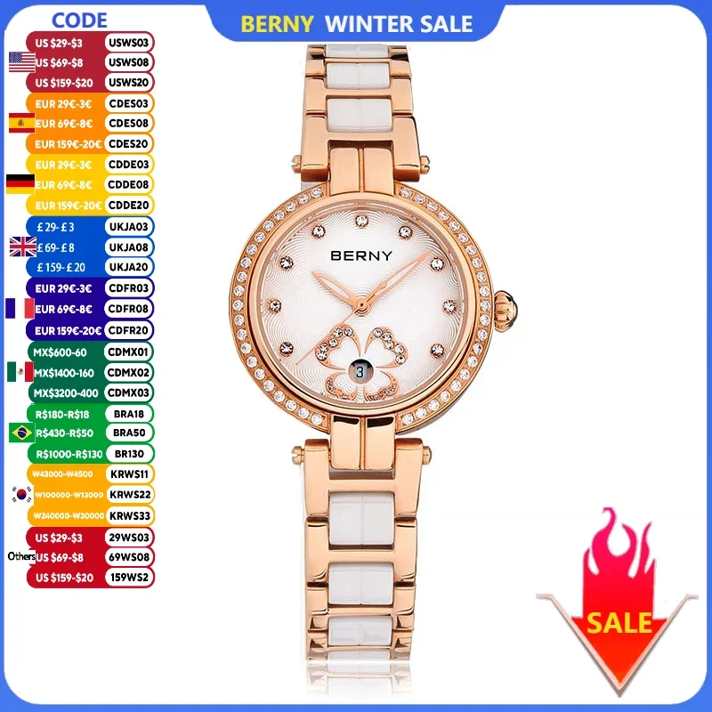 BERNY Women\'s watches Luxury Elegant Ceramics Quartz Ladies Wristwatch Small Dial Stainless Steel Casual Simple Dress Watch