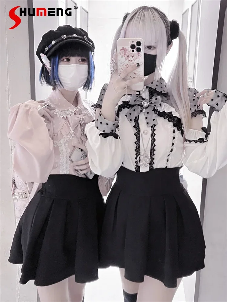Japanese Mine Mass-Production Black and Pink Lolita Shirt Women Sweet Lace Bow Off-Shoulder Tops High Waist Shorts Skirt Set