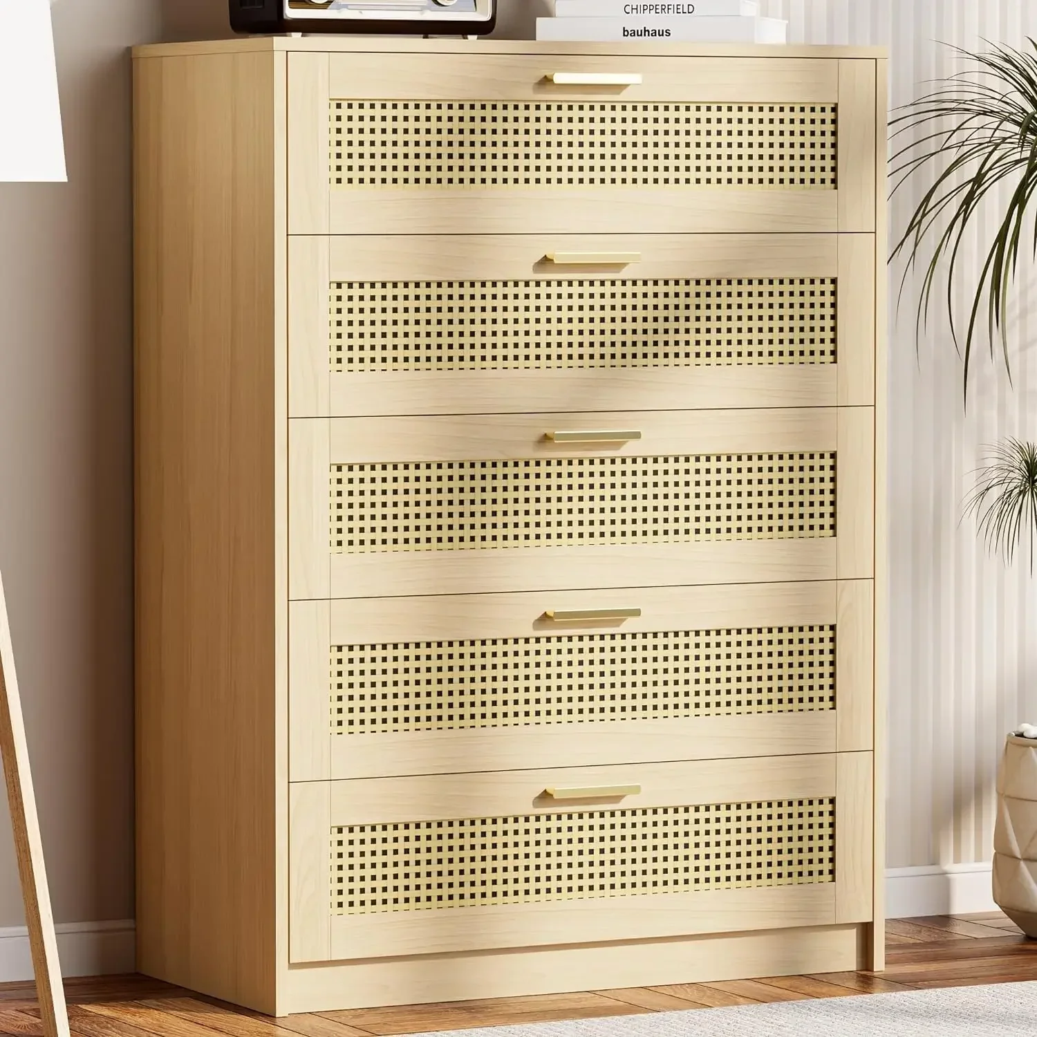 Rattan Dresser 5 Drawer, Boho Wood Dresser for Bedroom, Modern Chest of Drawers with Metal Handles