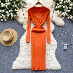Autumn Winter 2024 Women Dress Elegant Solid Turn Down Collar Slim Waist Knitted Bodycon Dress Korean Office Lady Vestidos