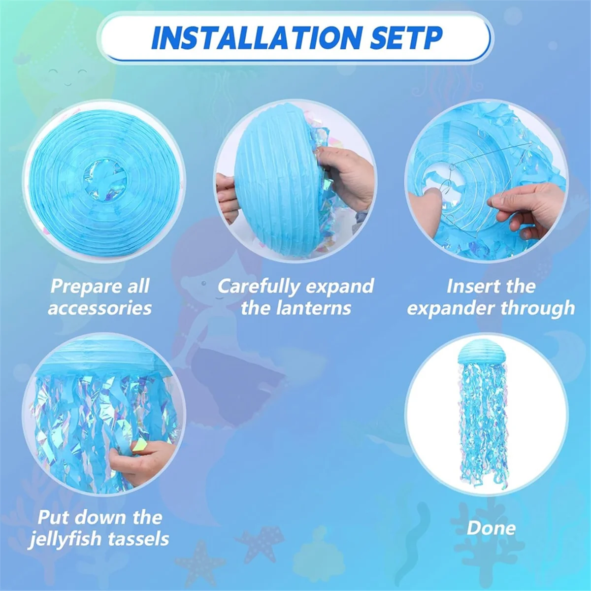A002 Paper Lanterns Set, 8Pcs Jellyfish Decorations for Under the Sea Partys Decorations Supplies, Jellyfish Lanterns Blue