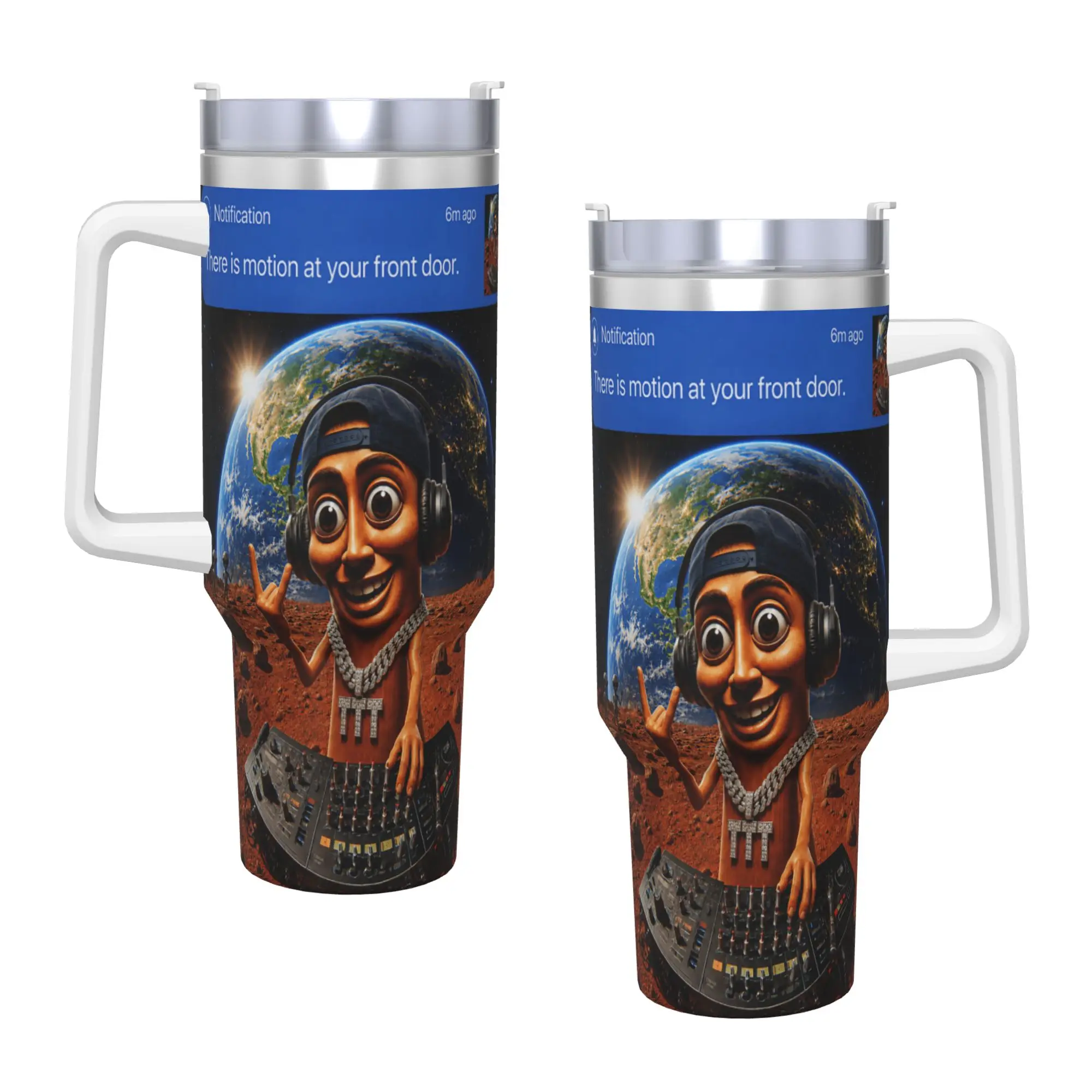 There is Motion at Your Front Door Tung Tung Sahur Space DJ Stainless Steel Tumbler Travel Mugs Cup Large Thermal Mug