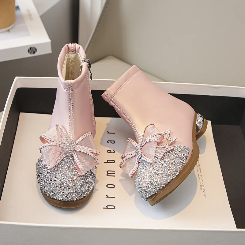 Girls Autumn Winter Shoes Kids Plush 2024 New Crystal Short Boots Children Fashion Princess Butterfly-knot String Bead ZIP