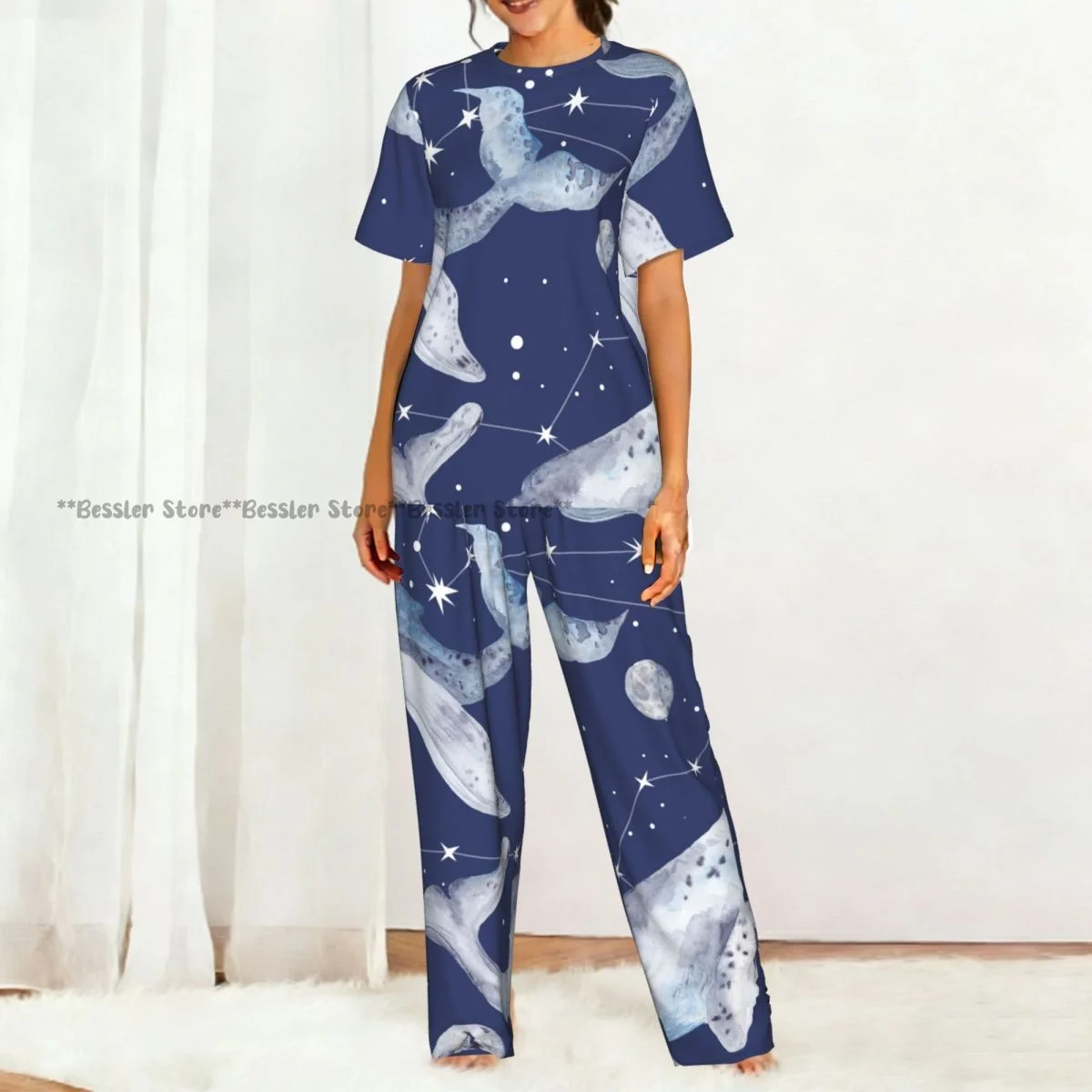Women's Whales And Constellation Stars Watercolor short sleeve trousers casual pajamas set view 5