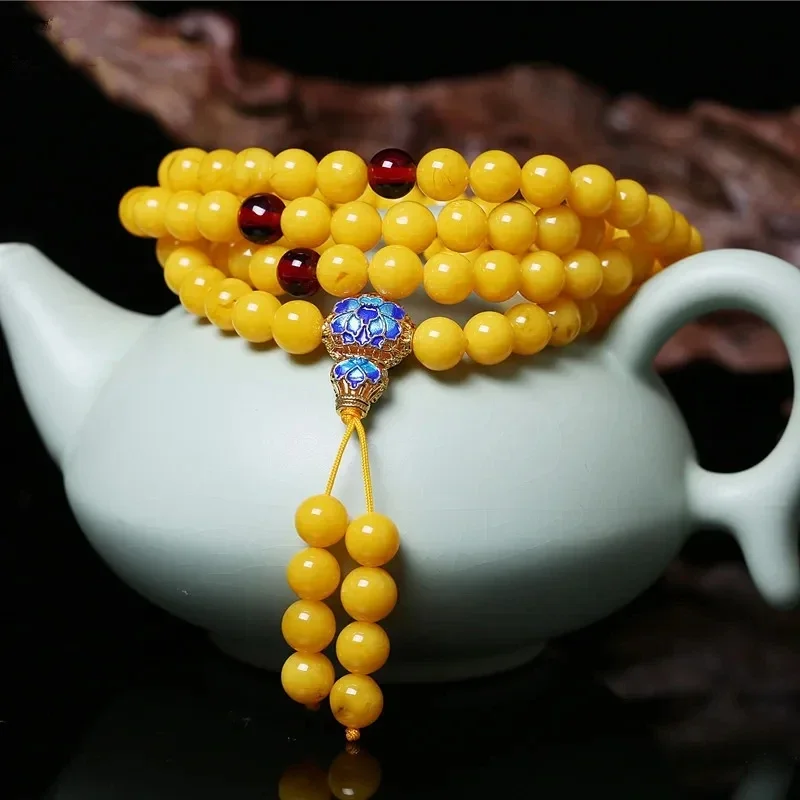 Old Beeswax Hand String Men National Scenery Thai Blue Amber Bracelet Women Multiple Circles and 108 Red Amber Buddha Beads