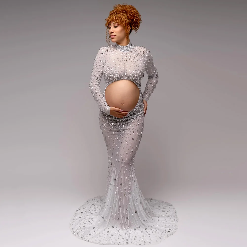 Mulheres grávidas sessão de fotos vestido elegante brilhante strass vestido de noite sexy ver através de vestidos de maternidade elásticos