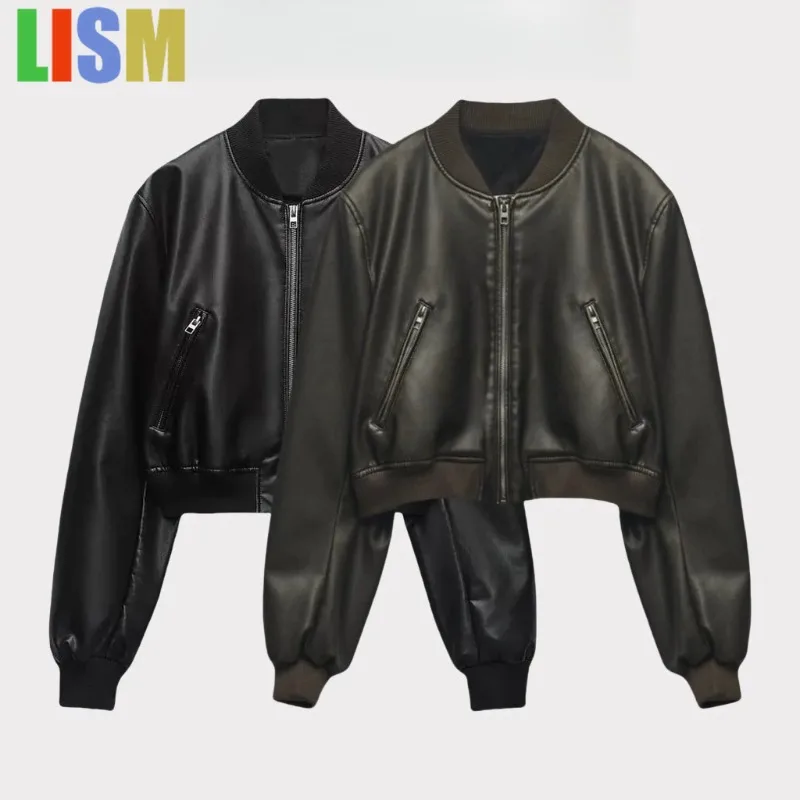 

LISM Winter coat female Hot Girl Stand Collar Distressed Faux Leather Bomber Jacket 2025 Women's Fashion Commuter Leather Jacket
