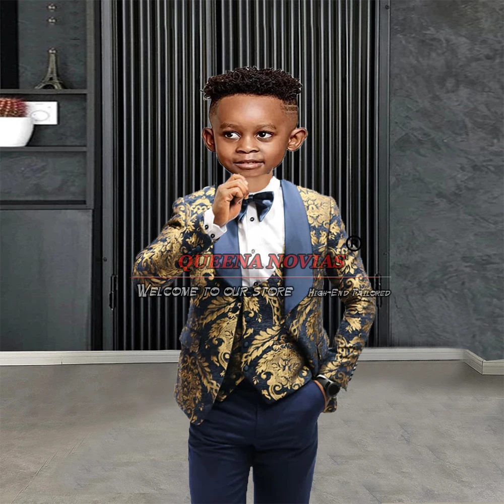 Zwarte Jongens Pakken Gouden Bloemenjas Vest Broek 3 Stuk Kinderen Formele Verjaardagsfeest Kleding Kids Bruiloft Blazer Smoking