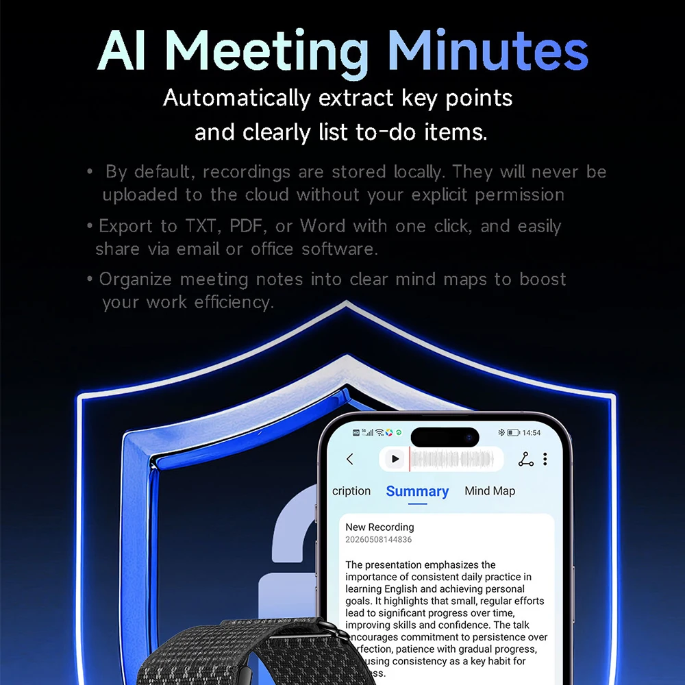 New ES100 AI Meeting Recording Sceenless Smart Wristbands AI Transcribed Minutes 1GB 160+ Sports Modes Fitness Smart Bracelet