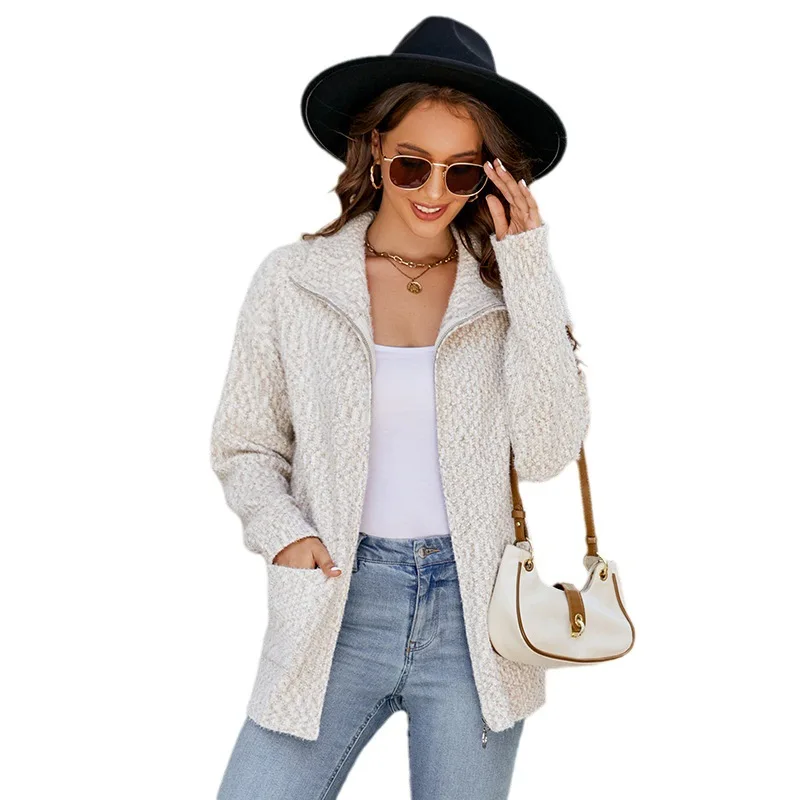 Foreign trade women's knitted cardigan 2023 autumn and winter new casual lapel zipper European and American sweater women