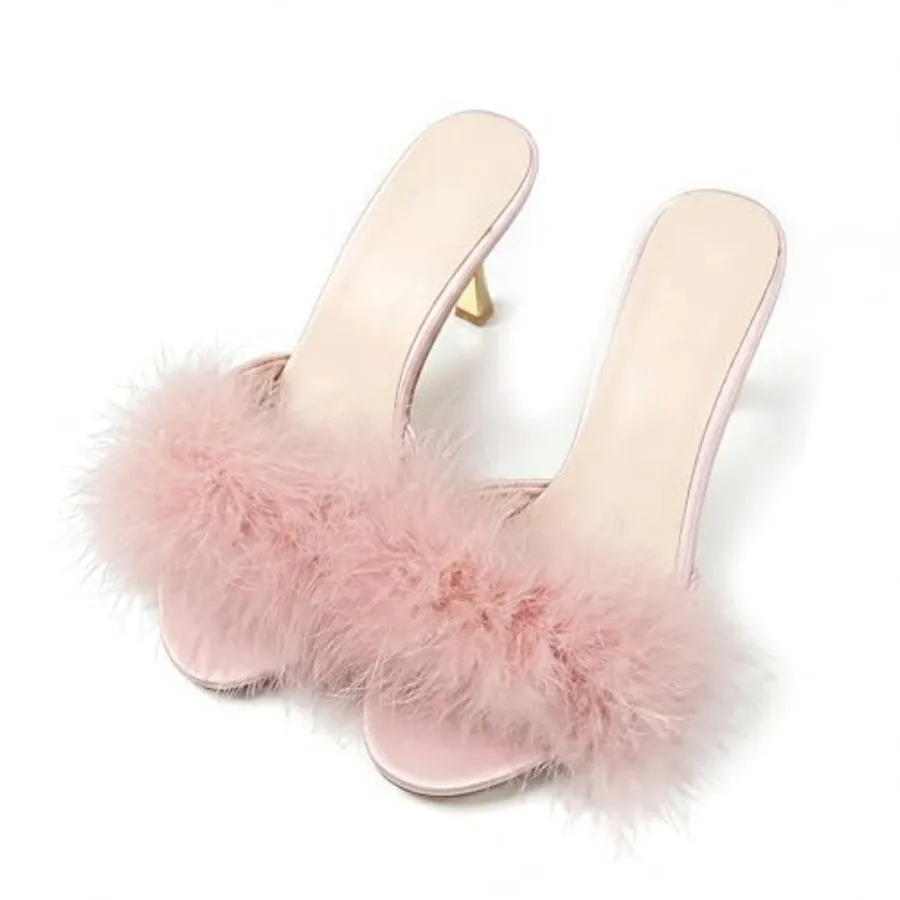 

YIBLBOX Women's Round Toe Sandal Fluffy Feather Sexy Slippers Kitten Heeled Slippers