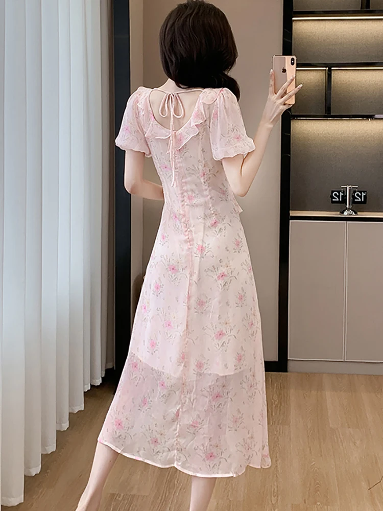 Women Pink Floral Ruffled V-Neck New in Dress Summer Short Sleeve Bodycon Holiday Dress 2024 Korean Elegant Chic Evening Dresses