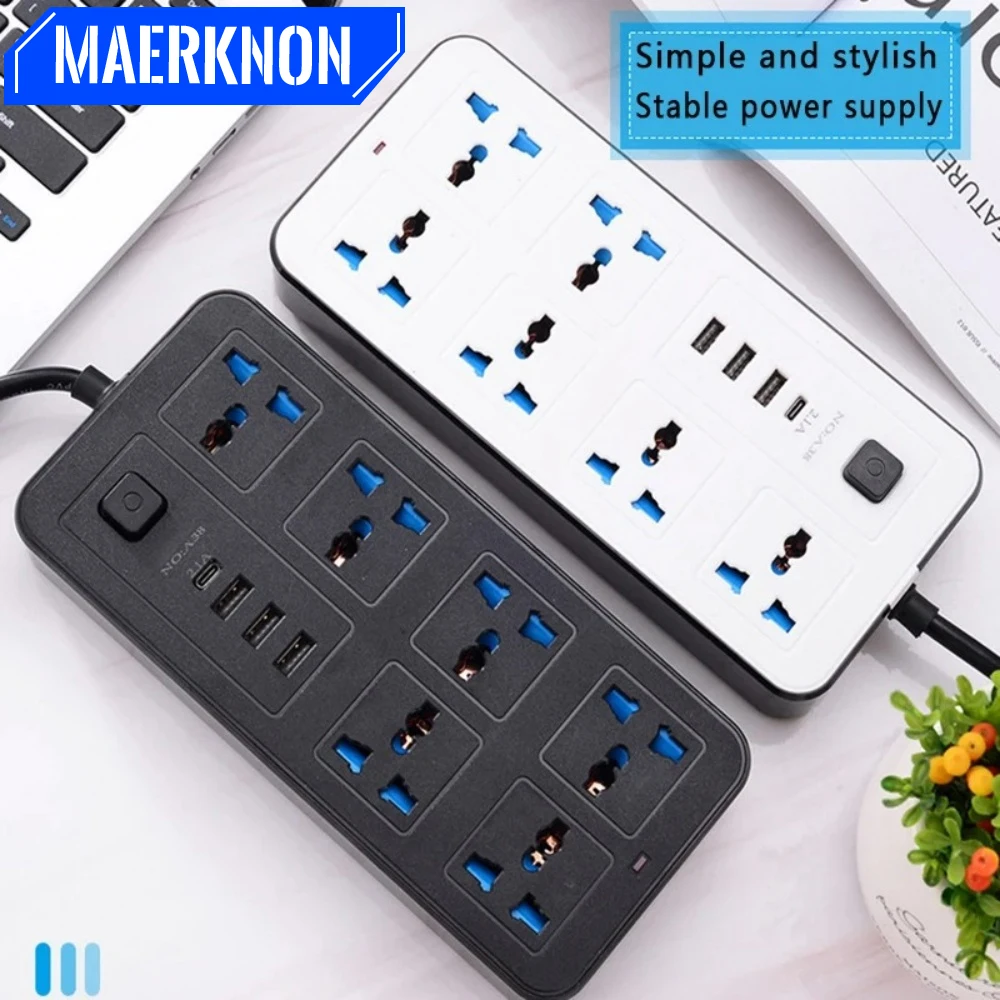 Universal Power Strip Electric Socket EU US UK Plug Outlets With 2m Extension Cable Type C USB Ports Charge AC Power Multi Tap