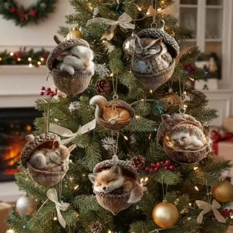 Cute Christmas 2D Acrylic Animals Pendant Christmas Tree Hanging Decoration Holiday New Year Gift Xmas Navidad Party Supplies