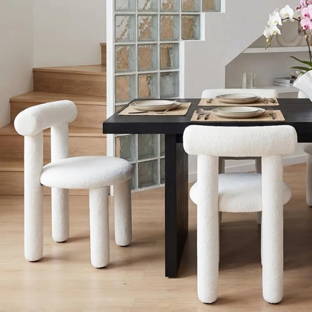Modern White Boucle Dining Chairs Sherpa Upholstered Kitchen Chairs Armless Barrel Back Dining Chair, LivinCustomized