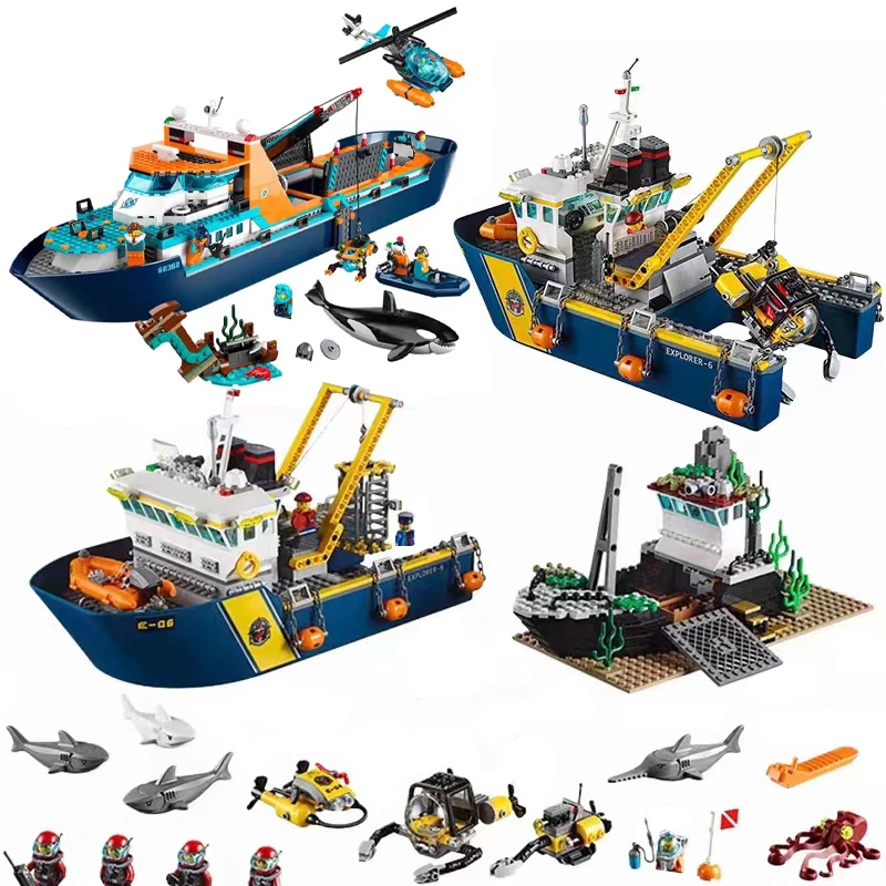 MOC 60368 60266 Urban Ocean Ship Building Blocks Deep Sea Exploration Steamer Boat Mini Model Kids Bricks Birthday Gifts