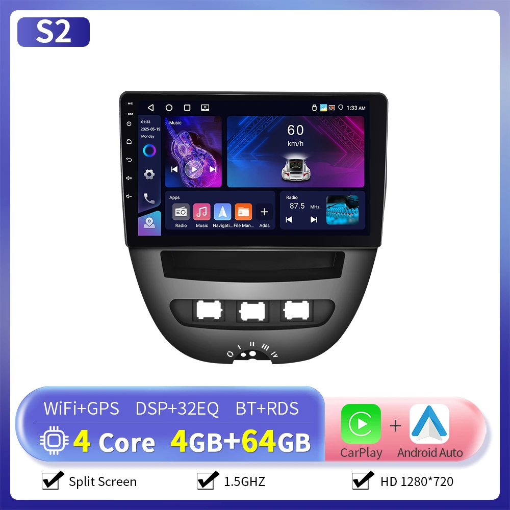 Camecho 6 + 128G CarPlay Android Auto Radio voor Toyota Aygo 2004-2014/PEUGEOT 107/Citroën C1 Multimedia Speler GPS Stereo WIFI