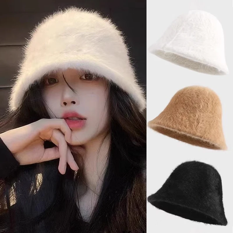 2023 Bucket Hat Plush Rabbit Fur Bucket Hat Soft Warm Women Winter White Black Knitted Fisherman Hat Soft Warm Basin Bucket Hat