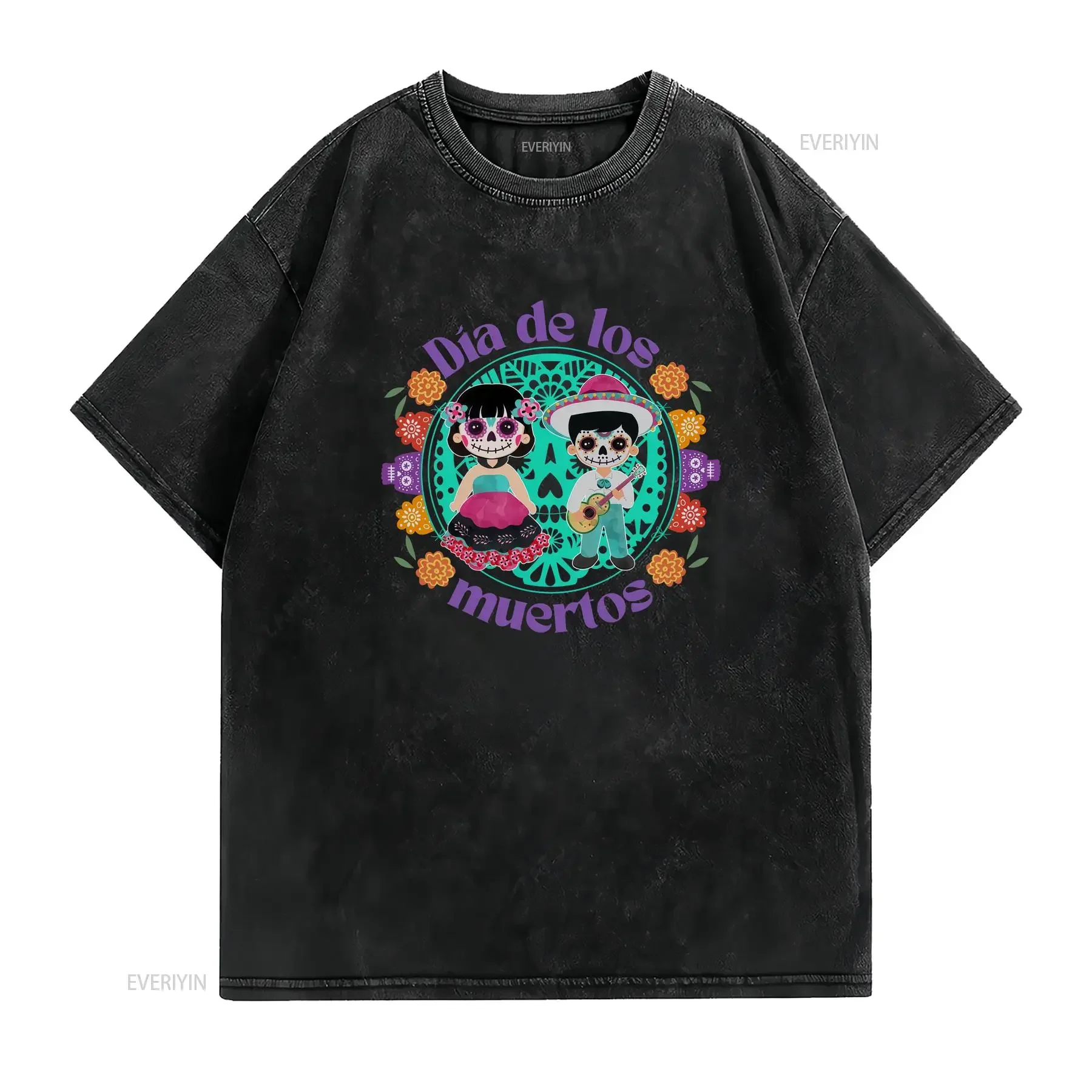 Día De Los Muertos Calavera Couple T Shirt Day of the Dead Skeleton vintage Washed Casual Unisex Soft Breathable Versatile