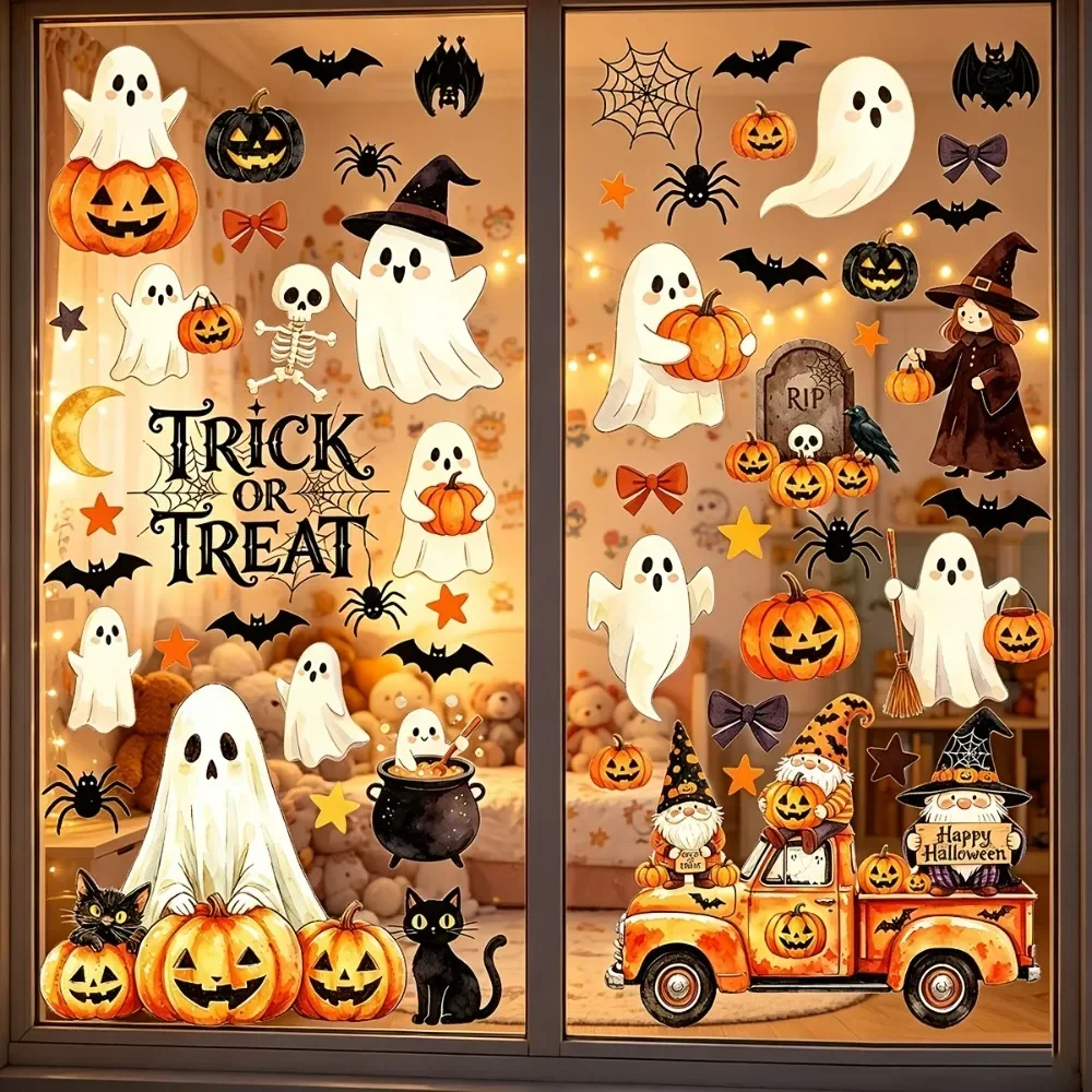 6 Blätter mit 56 einzigartigen Designs für Halloween, statische Fensterfolien, Aquarell-Kürbis, Geist, Hexe, Gnom, Lastwagen, schwarze Katze, Spinne – Detail 3