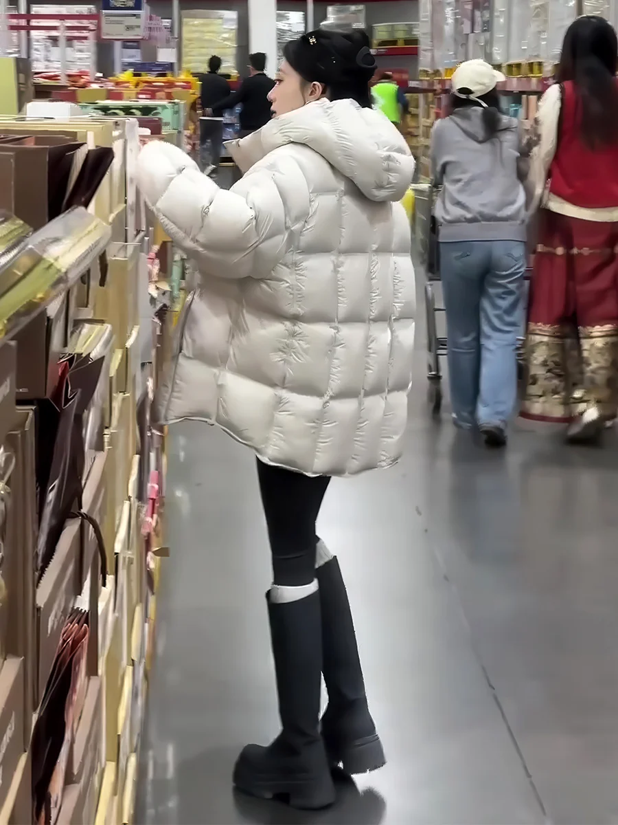 Thiened Puffer Jaet Abrigo de invierno cálido con relleno de plumón blanco de longitud media con capucha larga informal para mujer