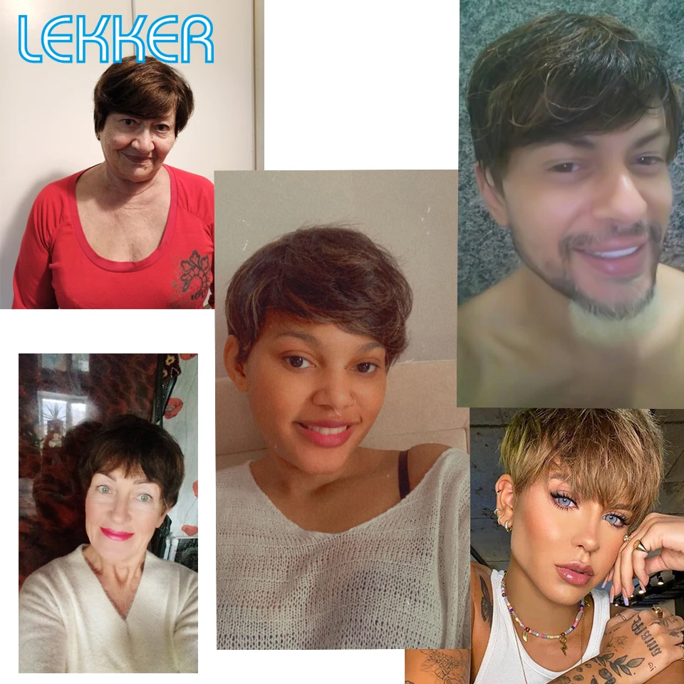 Lekker Short Straight Pixie Bob Human Hair Wig With Bangs For Women Colored Brazilian Remy Natural Hair Ombre Brown Burg Red Wig