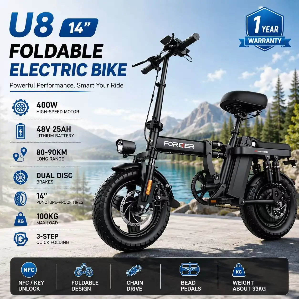 

14 Inch Run-proof tires U8 Mini Foldable E-Bike 48V 25Ah Battery 400W Motor 90KM Long Range Dual Disc Brake Electric Bicycle