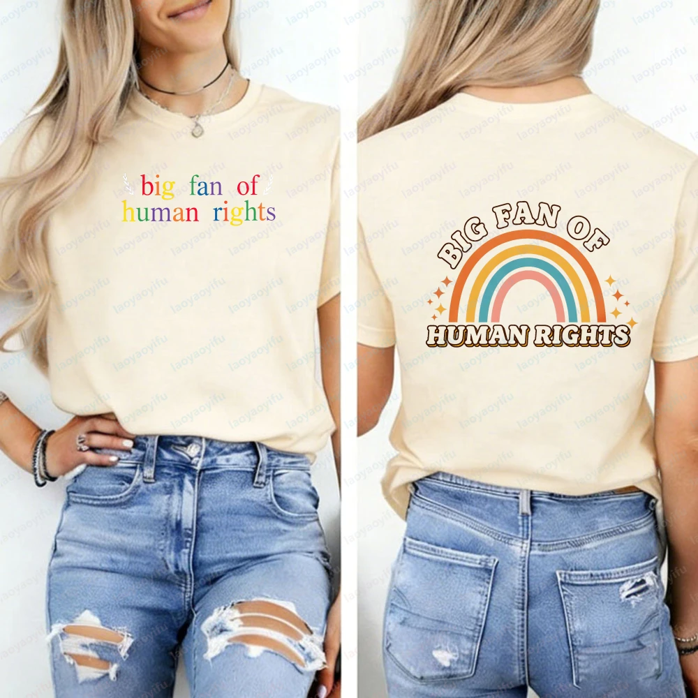 

"Big Fan of Human Rights" Graphic T-Shirt, Retro Rainbow Print on Front & Back, Crew Neck Short Sleeve Tee for Men & Women Tops