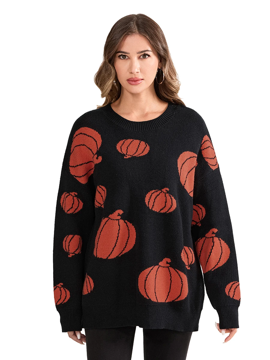 Women Halloween Knit Sweater Pumpkin Pattern Long Sleeve Round Neck Pullovers Fall Winter Casual Jumpers Tops