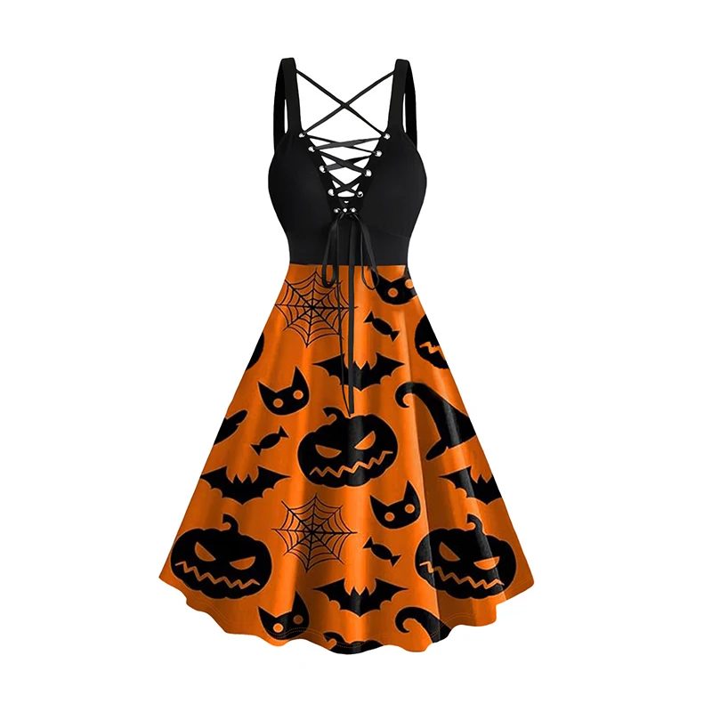 

2024 New Women's Halloween Dresses Pumpkin Face Spider Web Bat Hat Print Lace Up Dress Sleeveless Summer Dress Vestidos