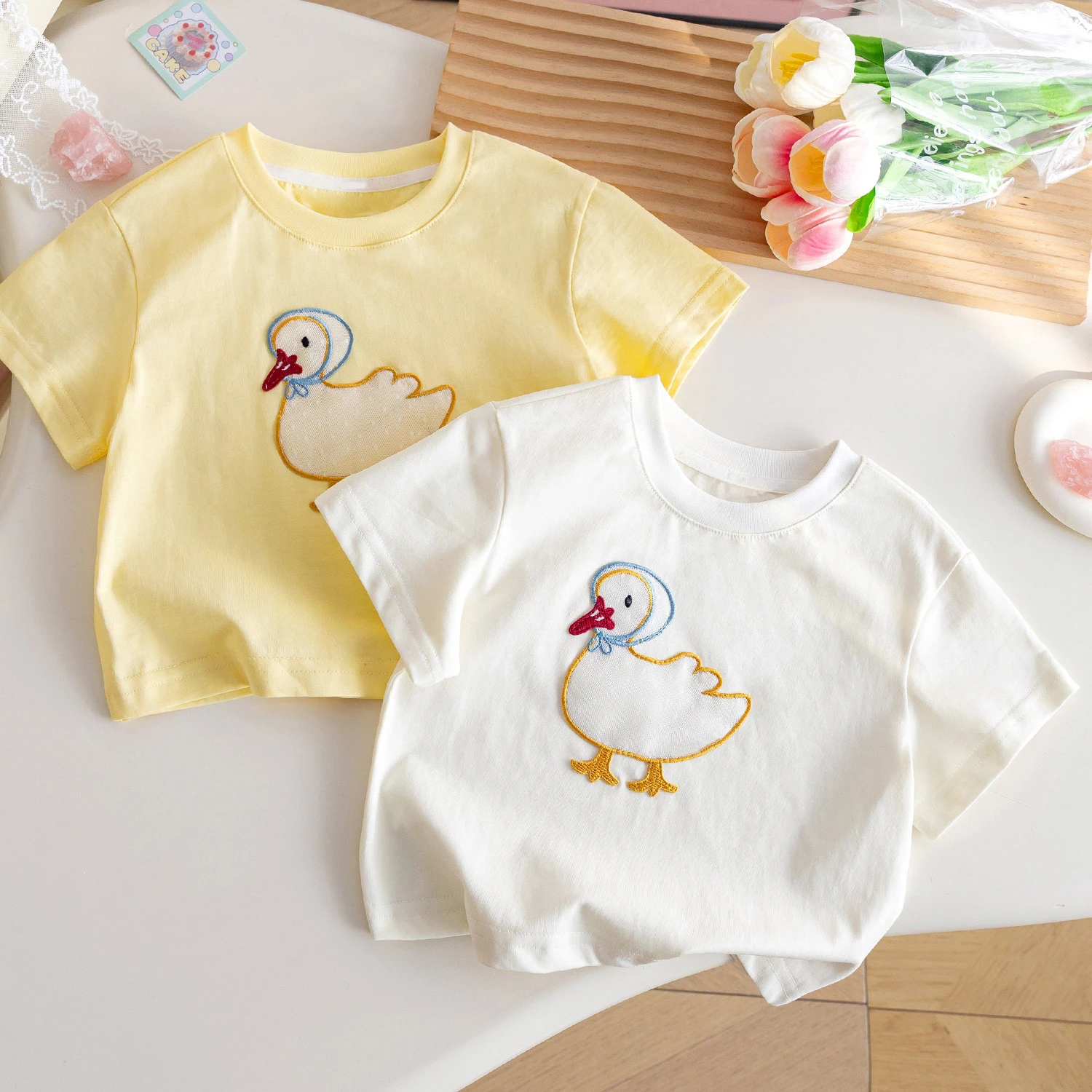 Girls' Short Sleeve T-shirt Cute Cartoon Duck Embroidered O-neck Top 2026 Summer Baby Girls Casual Loose Tees 0-7Years Old