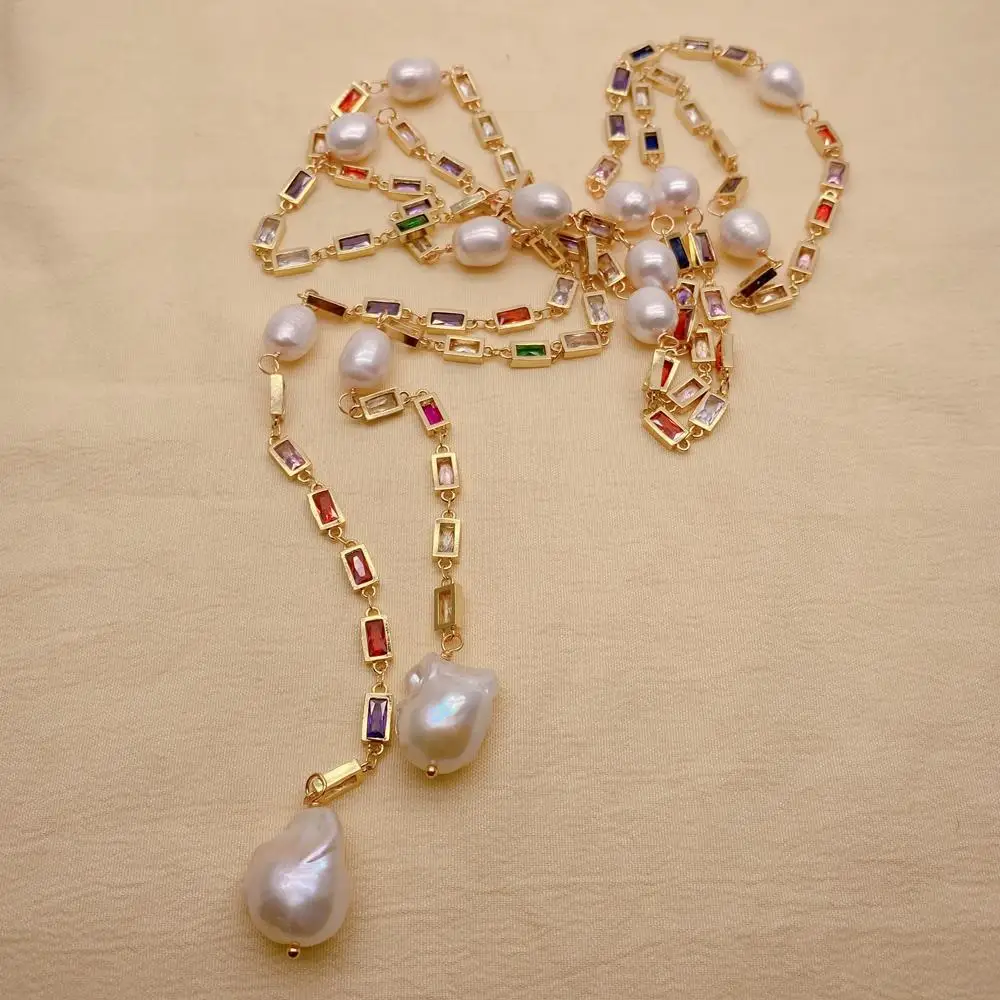 Y·YING Real White Baroque Pearl Rice Pearl Cz Rosary Chain Long Loop Necklace