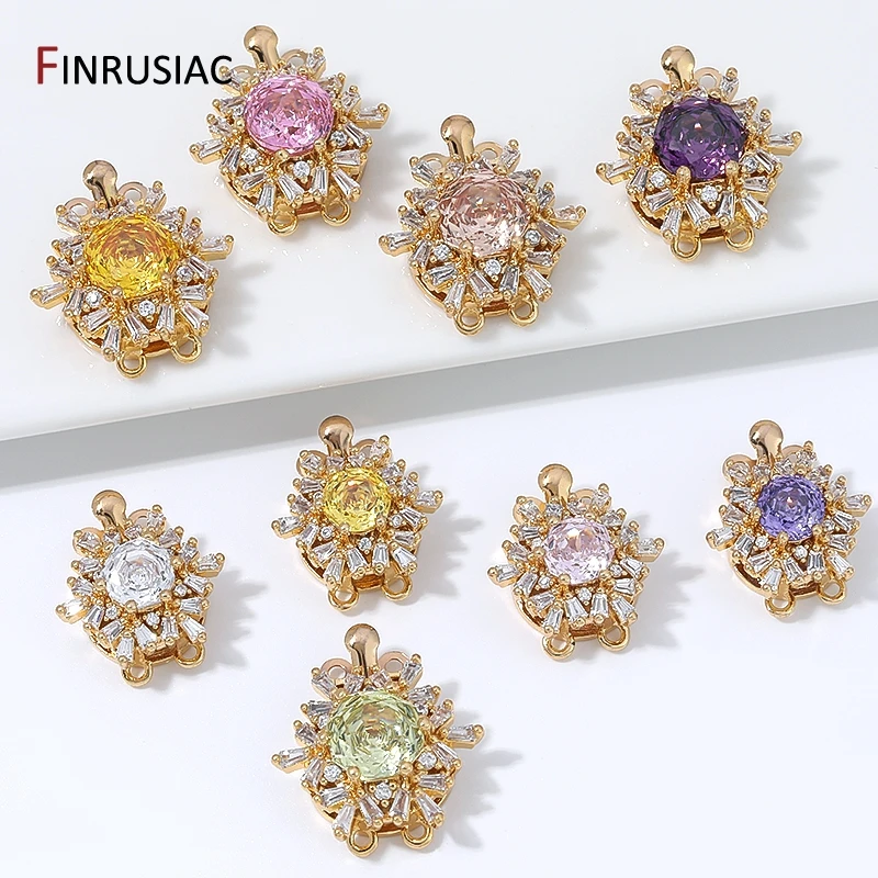 18K Gold Plated Brass Flower Insert Clasps,Multicolor Zircon 2 Holes End Clasps Connector For DIY Jewelry Making Accessories