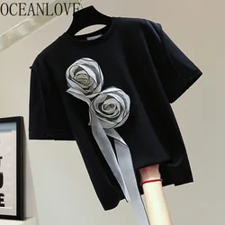 OCEANLOVE 3D Flowers T Shirt for Women Spring Summer Vintage Korean Fashion Ropa De Mujer Elegant Simple Patchwork Tees