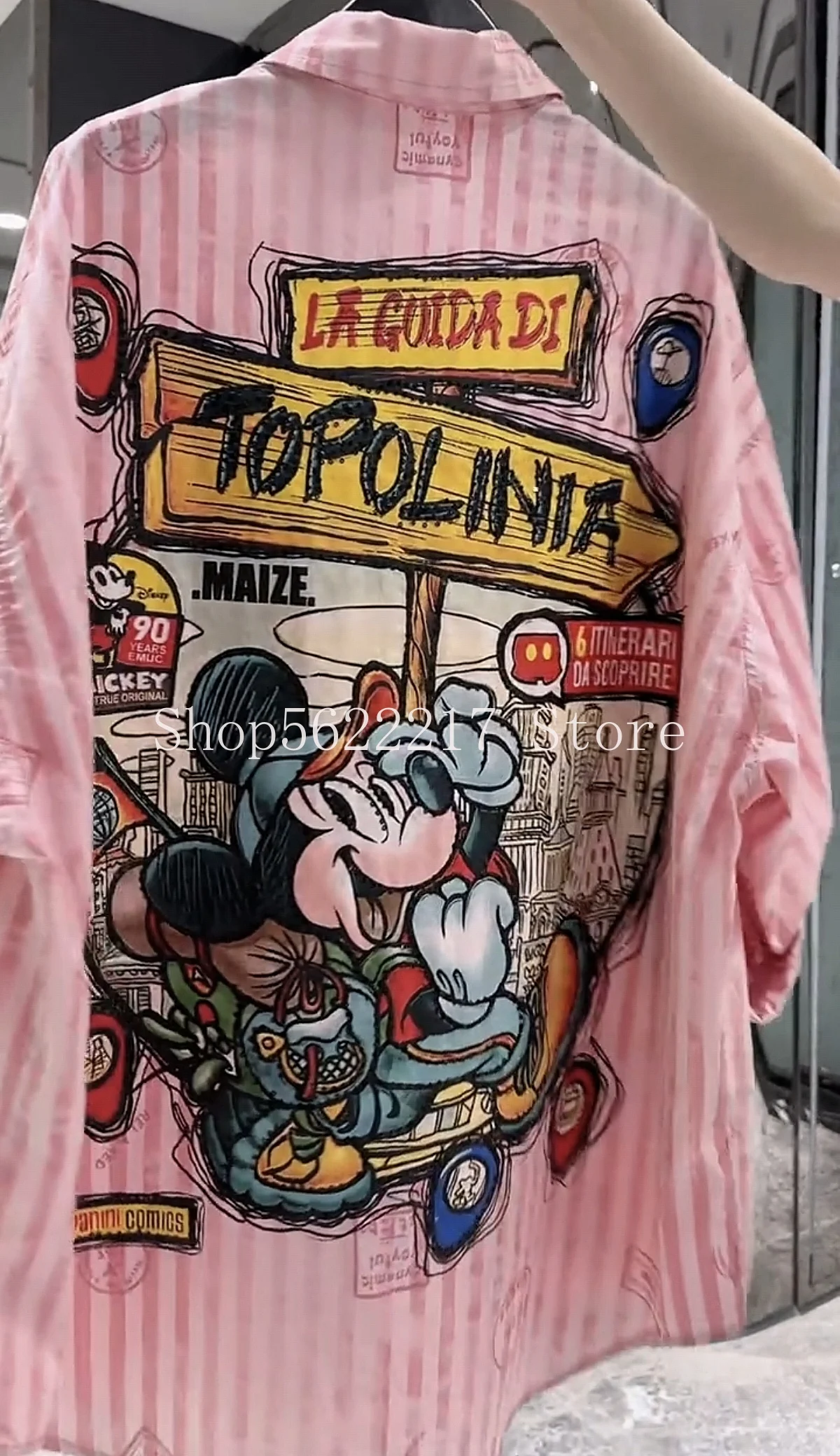 

2025 New Autumn Pink Stripes Female Blouses Cute Sequins Mickey Mid-long Oversize Cardigans Top Long Sleeve Casual Women Shirts